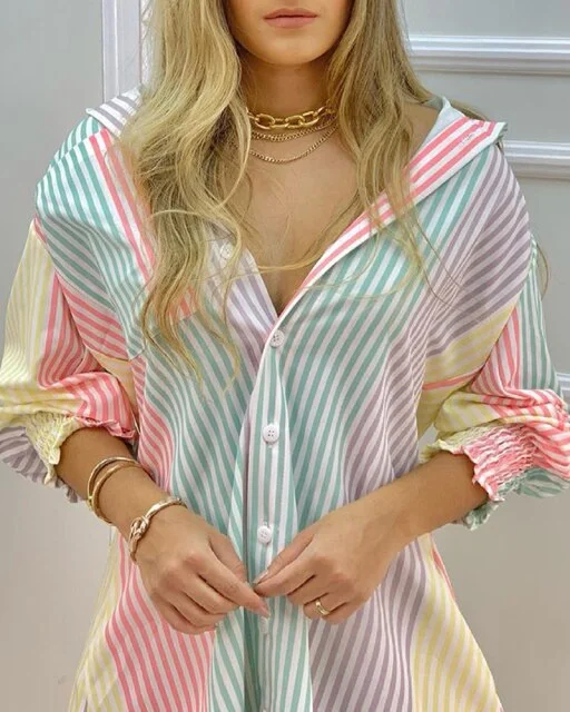 Color Striped Button Front Blouse