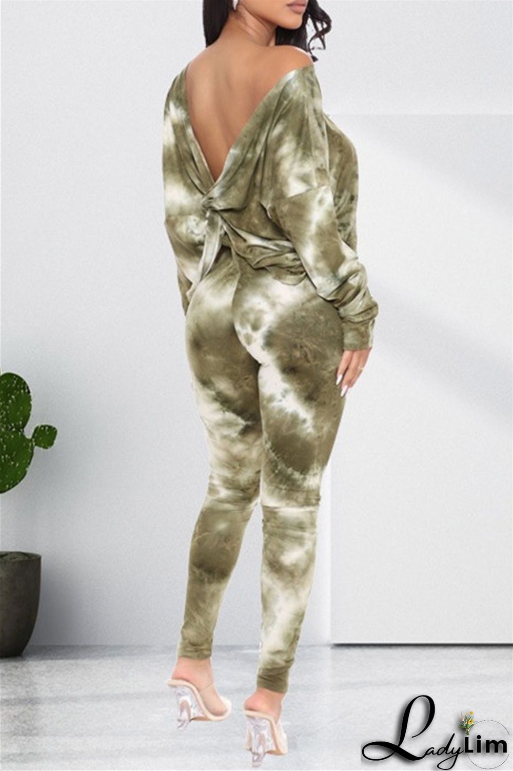 Light Coffee Fashion Casual Print Tie Dye Backless O Neck Long Sleeve Two Pieces