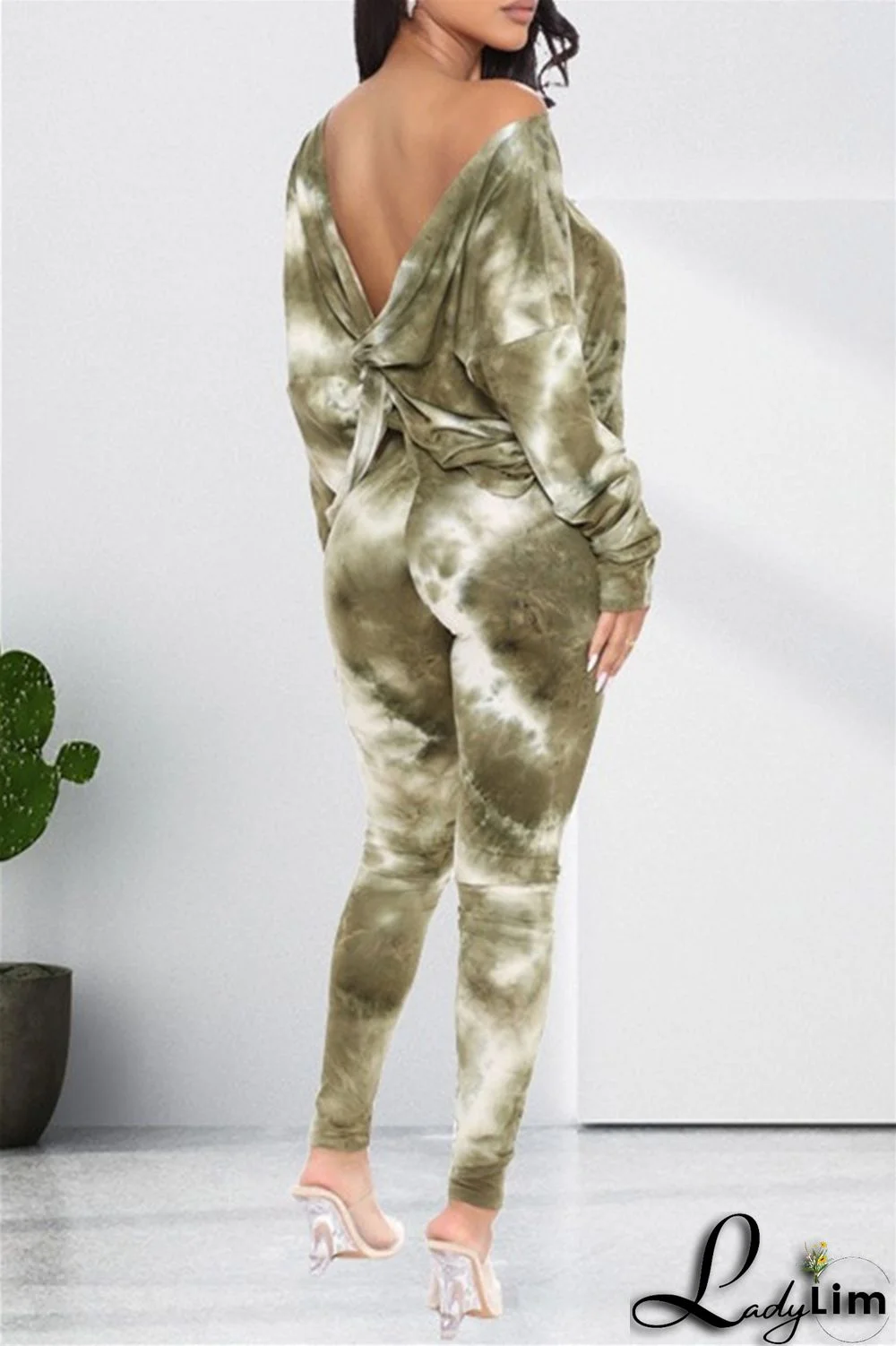 Light Coffee Fashion Casual Print Tie Dye Backless O Neck Long Sleeve Two Pieces