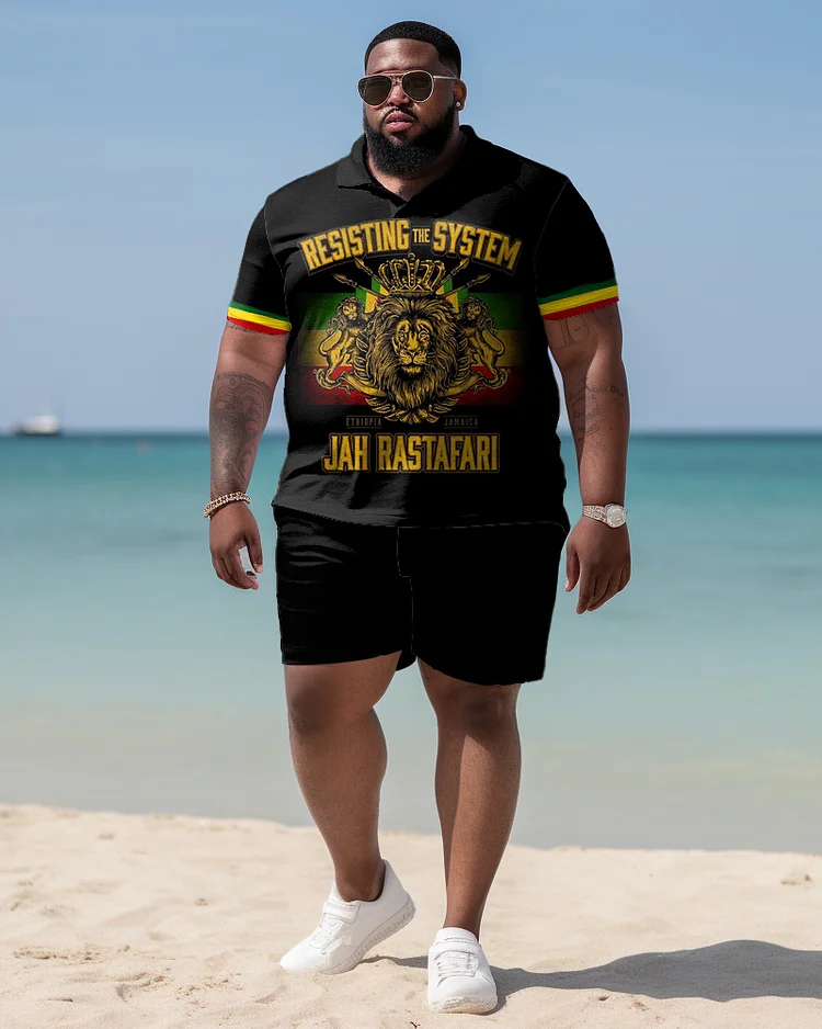 Black Ethnic Style Lion Personalized Print Large Casual Men's Short Sleeved Set