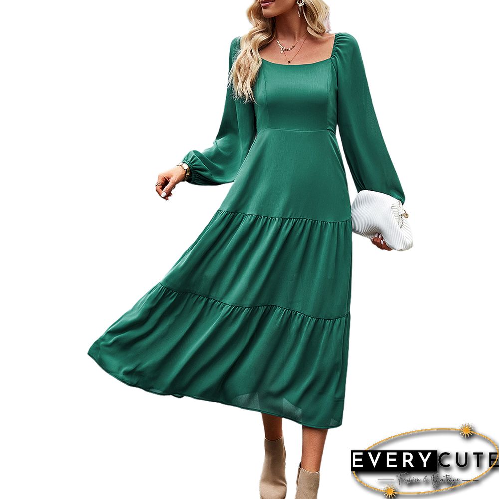 Green Solid Square Neck Pocket Long Sleeve Dress