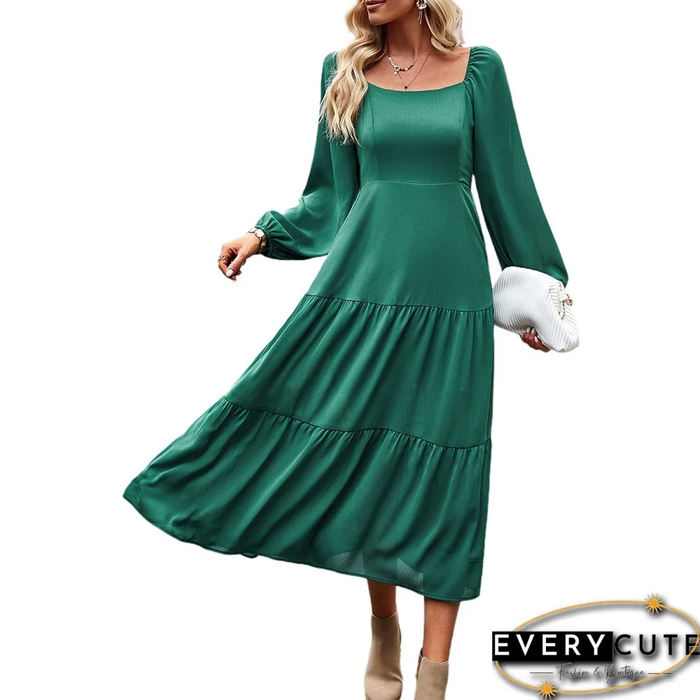 Green Solid Square Neck Pocket Long Sleeve Dress