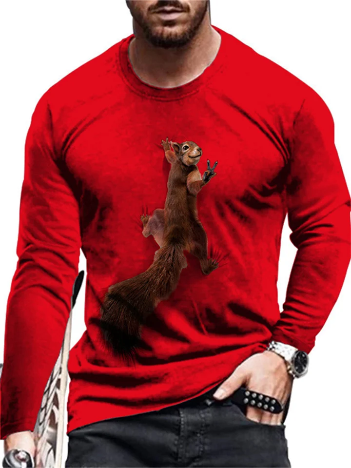 Spring and Autumn t-shirt men's printed squirrel pattern long-sleeved round neck fashion daily casual men's pullover T-shirt-Cosfine