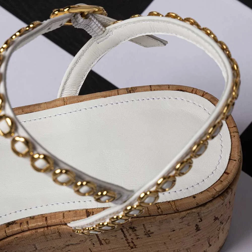 White Ankle Strap Wedge Heel Gold Hardware Platform Sandals for Women
