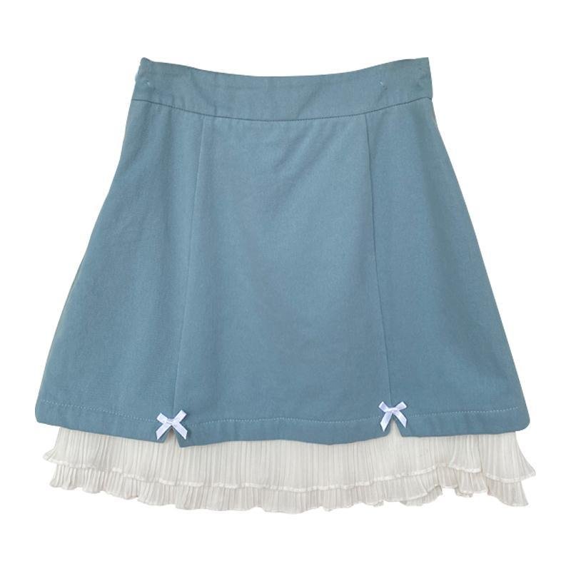 HOUZHOU Kawaii Lolita Blue Mini Skirt Women Japanese Sweet Cute Ruffle Bow Patchwork Fairycore High Waist Short Skirt Soft Girl