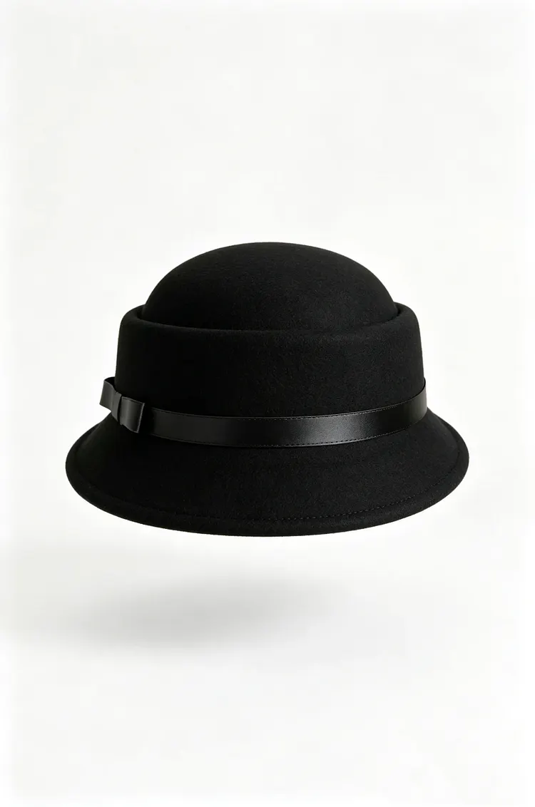 Black wool-blend felt bell-shaped hat with a rolled brim and ribbon detail.
