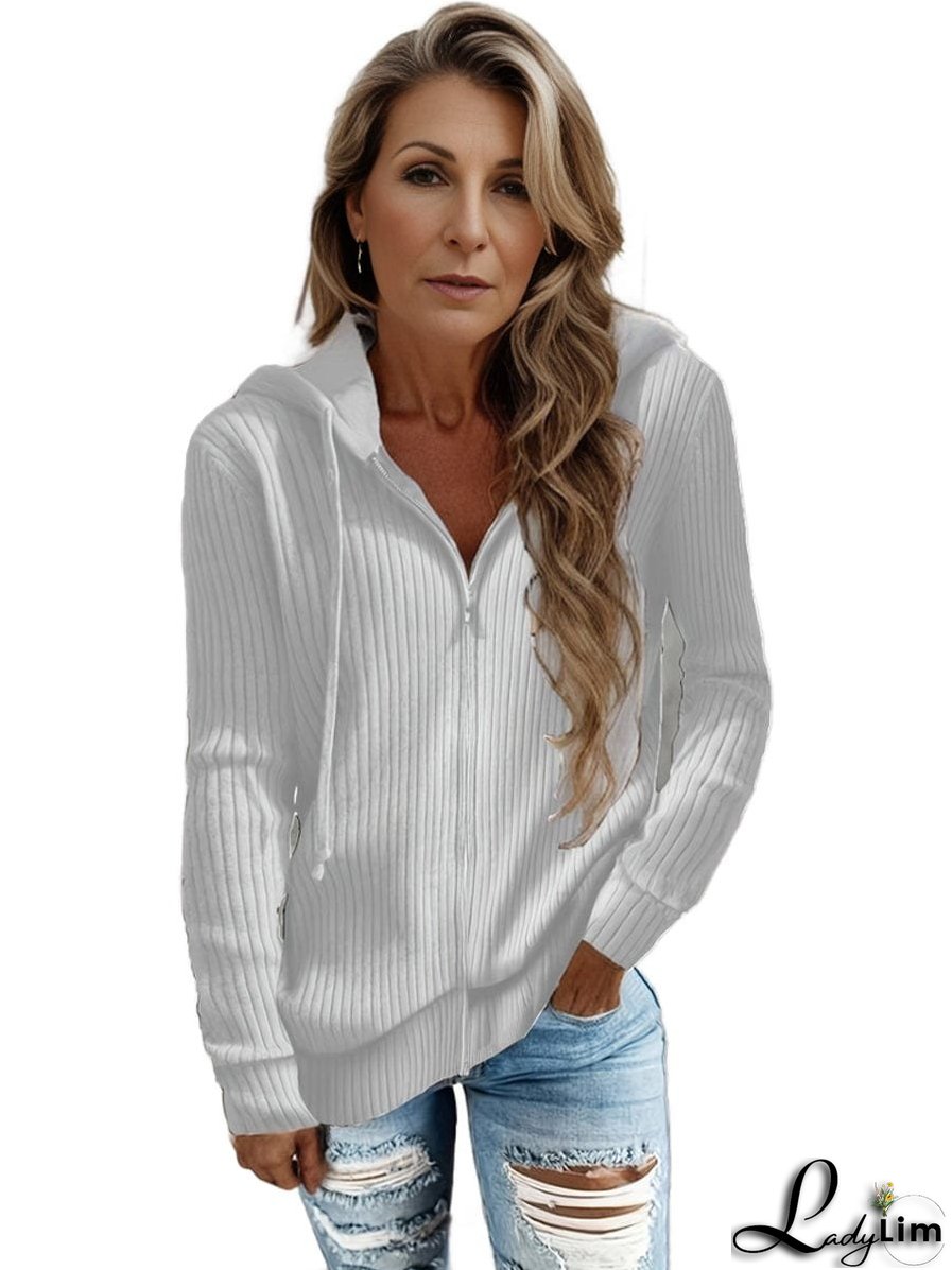 Plus Size Casual Coat, Women's Plus Solid Ribbed Zip Up Long Sleeve Drawstring Hoodie Sweater