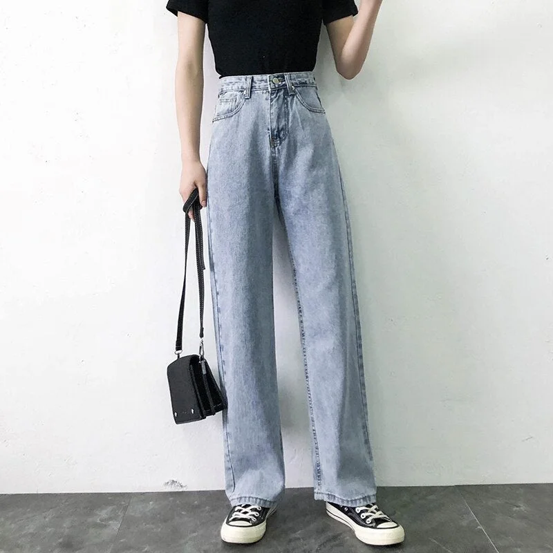 Jeans Women Wide Leg High Waist Top Shop Trousers Slim Denim Button Streetwear Womens Full Length Novelty Korean Fashion Casual