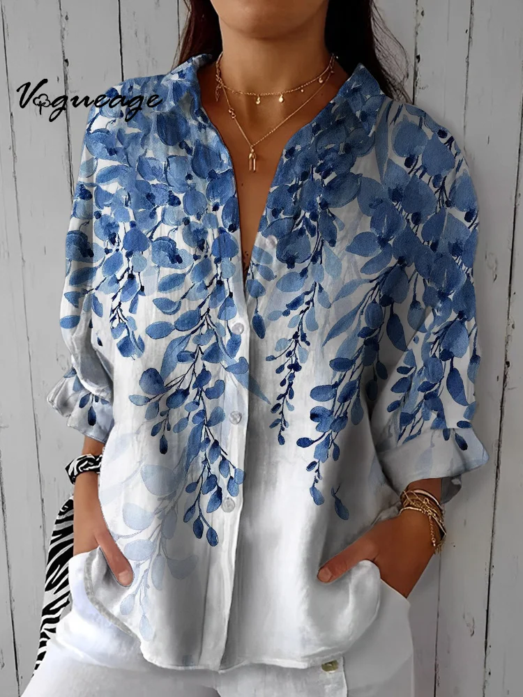 Elegant Leaf Print Cotton And Linen Women Shirt