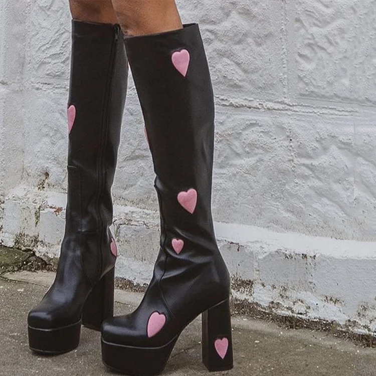 Women's Square Toe Heels Platform Knee Boot Elegant Heart Print Boots |FSJ Shoes