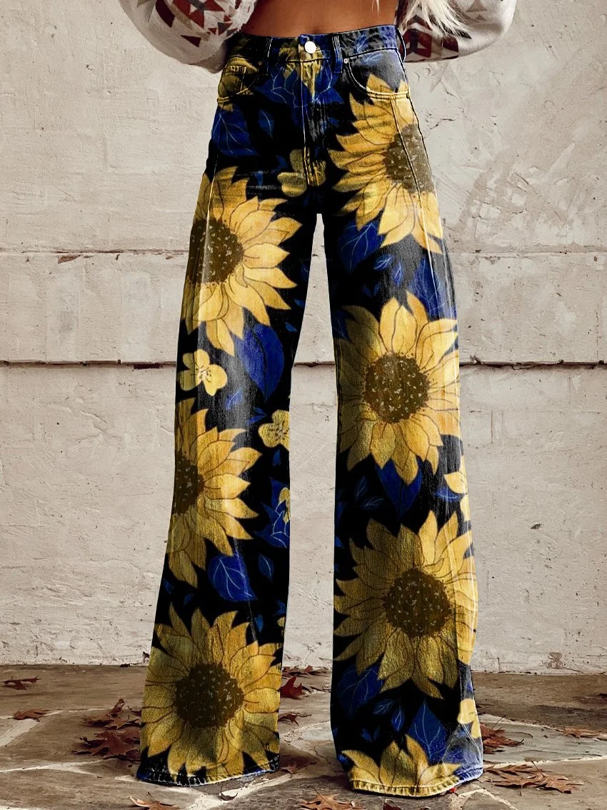 Sunflower Colorful Women's Print Casual Wide Leg Pants