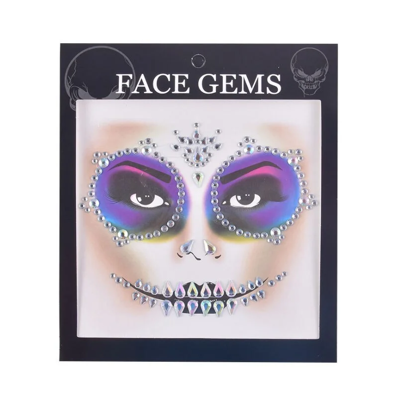 3D Gem Face Sticker Ghost Skull Face with Diamond Decoration Fashion Sexy Face Stickers Prom Holiday Party Face Decoration