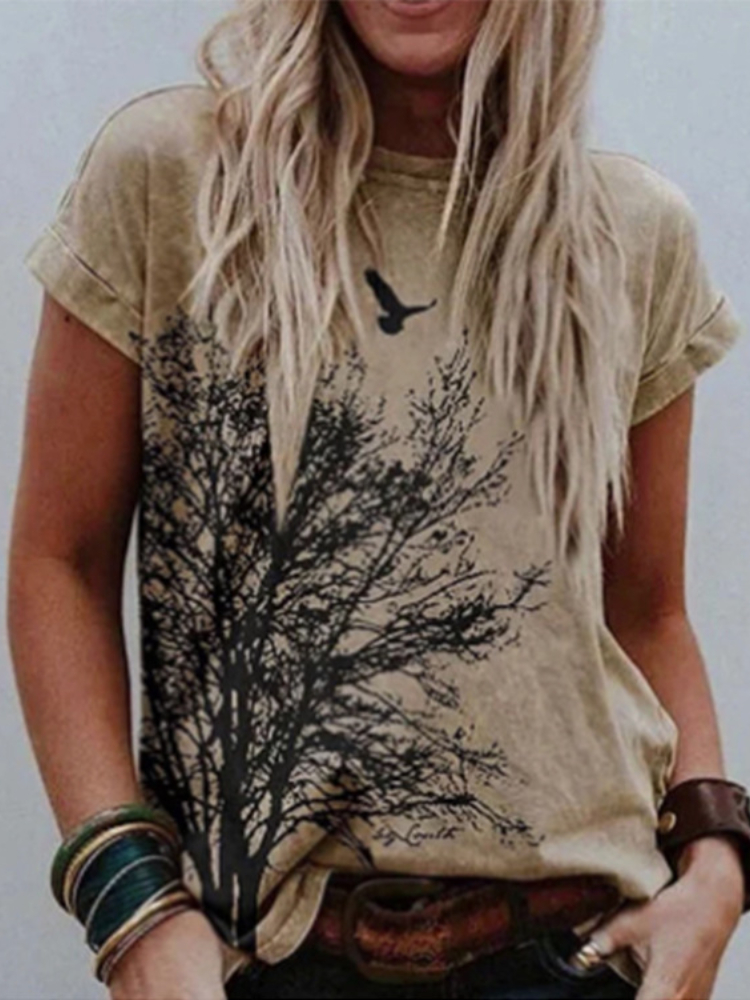 wearshes Branches And Birds Printed Casual Tee
