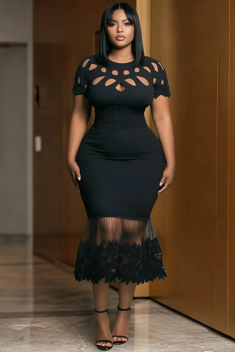 Xpluswear Design Plus Size Cocktail Party Black Round Neck Short Sleeve Cut Out See Through Midi Dresses [Pre-Order] 2024 - Xpluswear