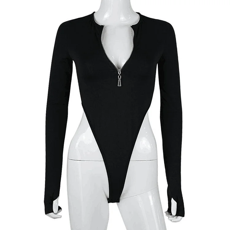 Women's Bodysuits Zipper V-Neck Sexy Slim Skinny Casual Jumper