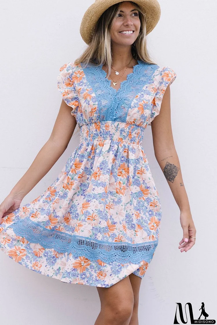 Floral Smocked Waist Spliced Lace Dress