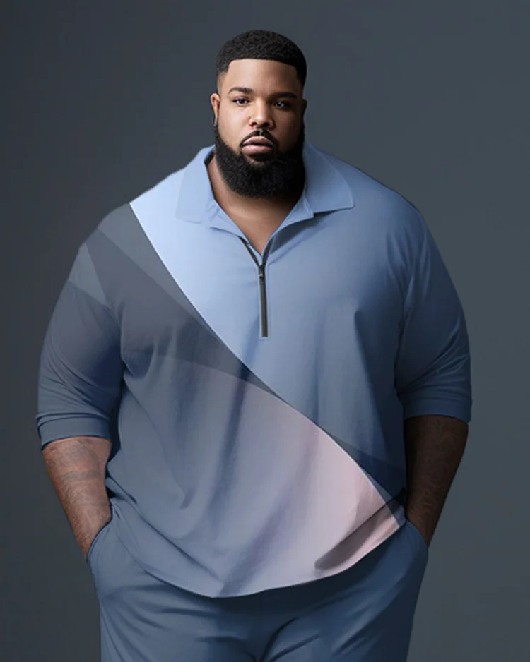 Men's Blue Gradient Plus Size Gentleman Business Polo Zipper Shirt and Pants Two-piece Set
