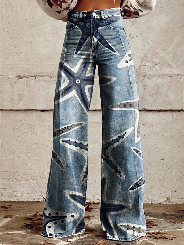 Women's New 3D Printed Flare Pants Imitation Wide-leg Jeans