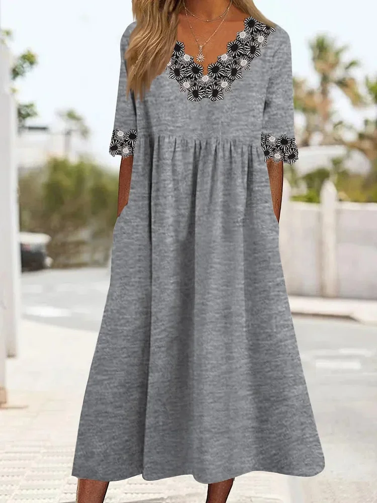 Women's Short Sleeve V-neck Solid Lace Midi Dress