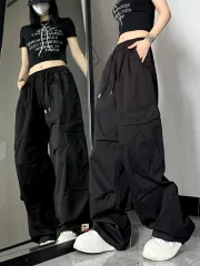 Hedirax Y2k Women Cargo Pants American Hop High Waist Wide Leg Trousers Casual Loose Streetwear Female Vintage Pockets Pants