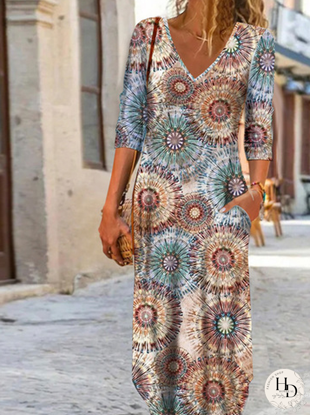 Women Geometric Casual Autumn V neck Daily Long 1 * Dress Regular Regular Size Dresses
