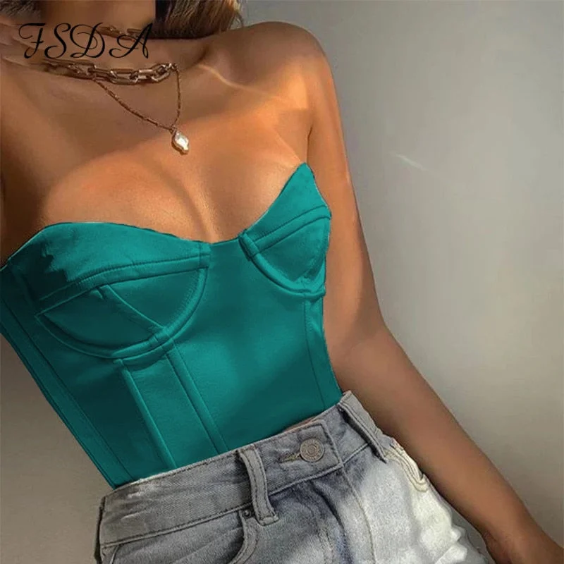 2022 Satin Corset Crop Top Strapless Green Summer Sexy Tube Off Shoulder Party Sleeveless Bustier Tank Tops Women