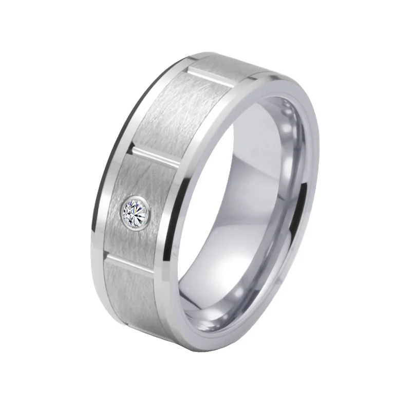 8MM Women's Or Men's Silver Tungsten Carbide Rings Brushed Beveled Edge Zircon Inlay Grooved