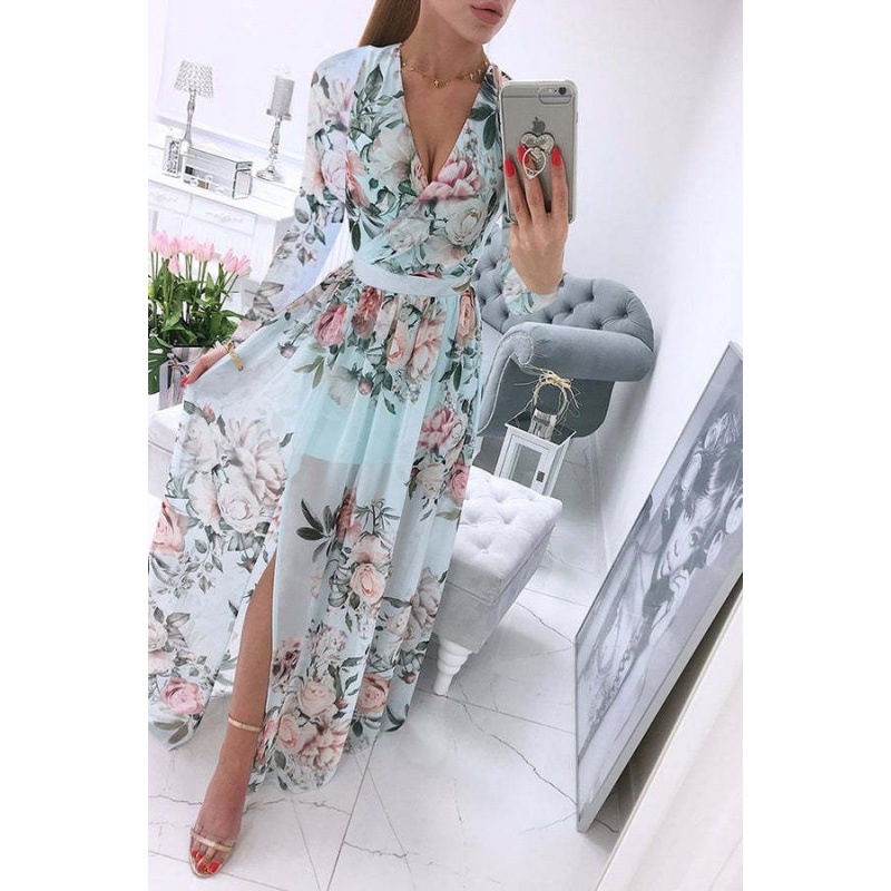 Searchwombat New Summer Long Dress Printed V-neck Chiffon Long-sleeved Dress Bohemian Style Full Skirt Dress