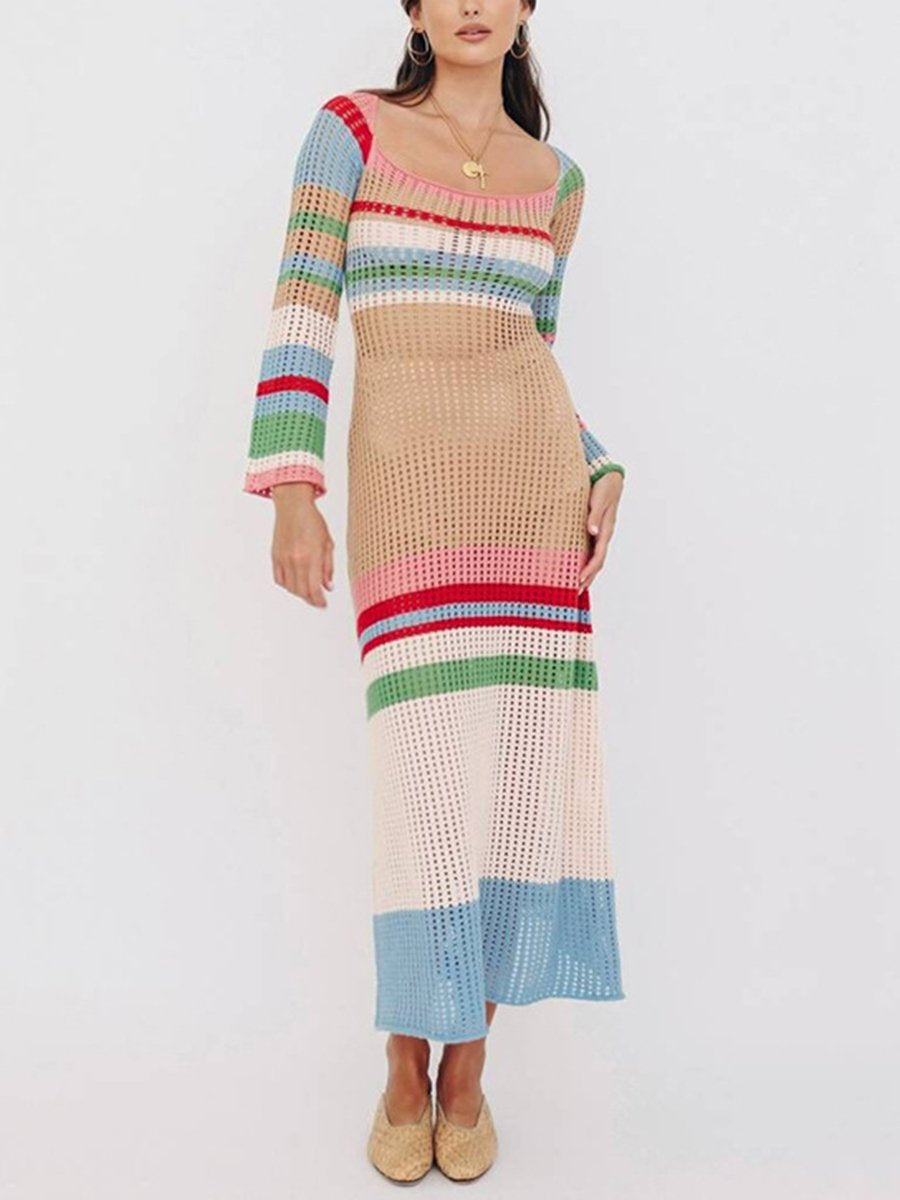 Square Neck Knit Hollow Out Striped Maxi Dress