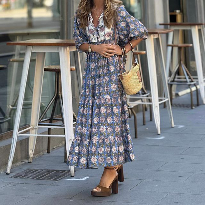 Mature Women Summer Fashion Floral Print Bohemian Dress