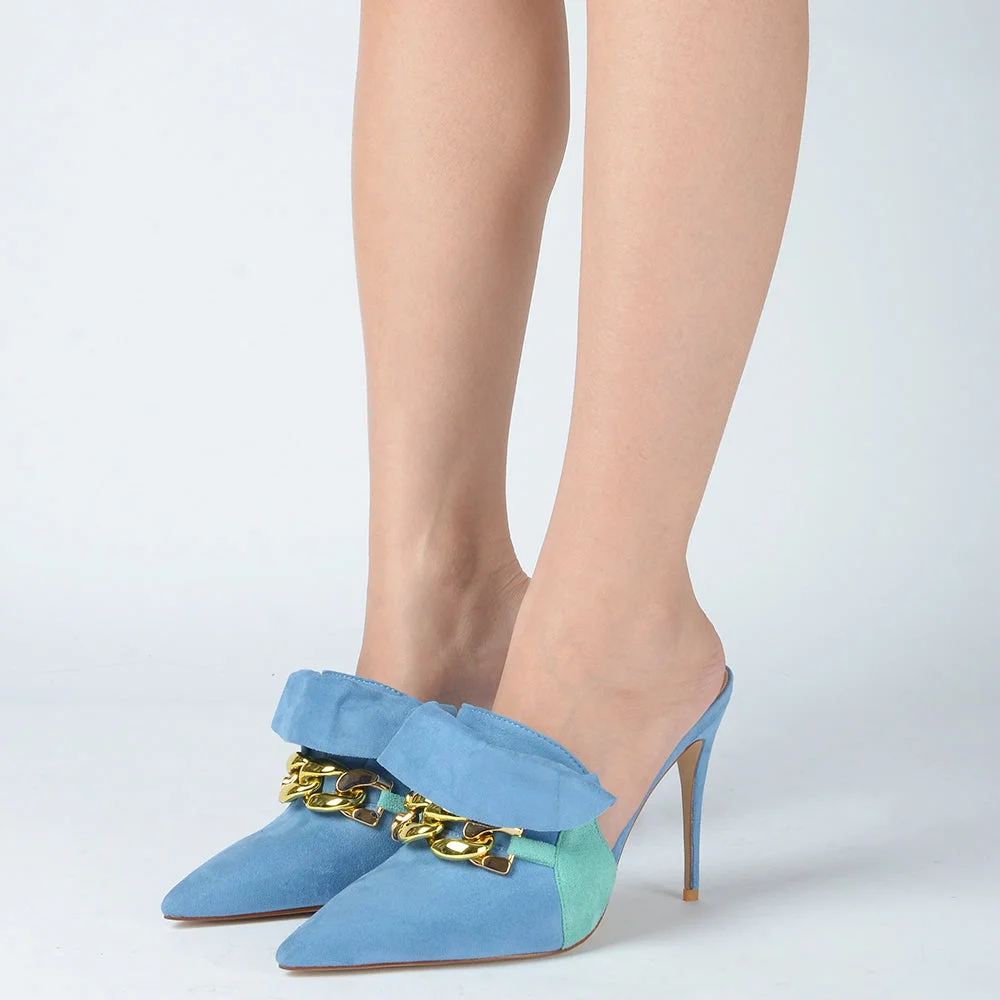 Blue Pointed Toe Suede Mules Design Heels With Chain