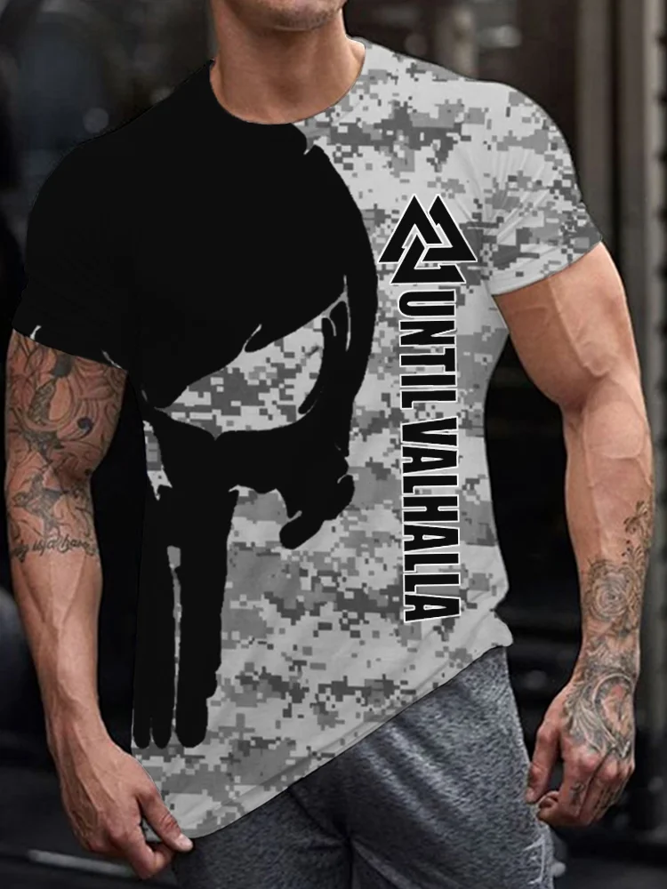 BrosWear Men's Until Valhalla & Skull Camo Short Sleeve T Shirt