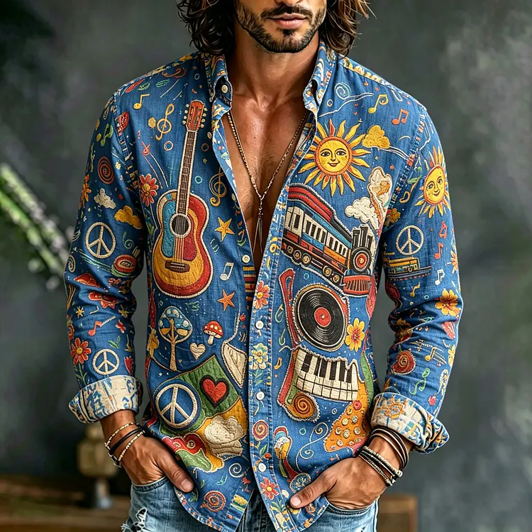 Men's Fun Hippie Guitar Record Train Mushroom Musical Note Print Long-sleeve Shirt