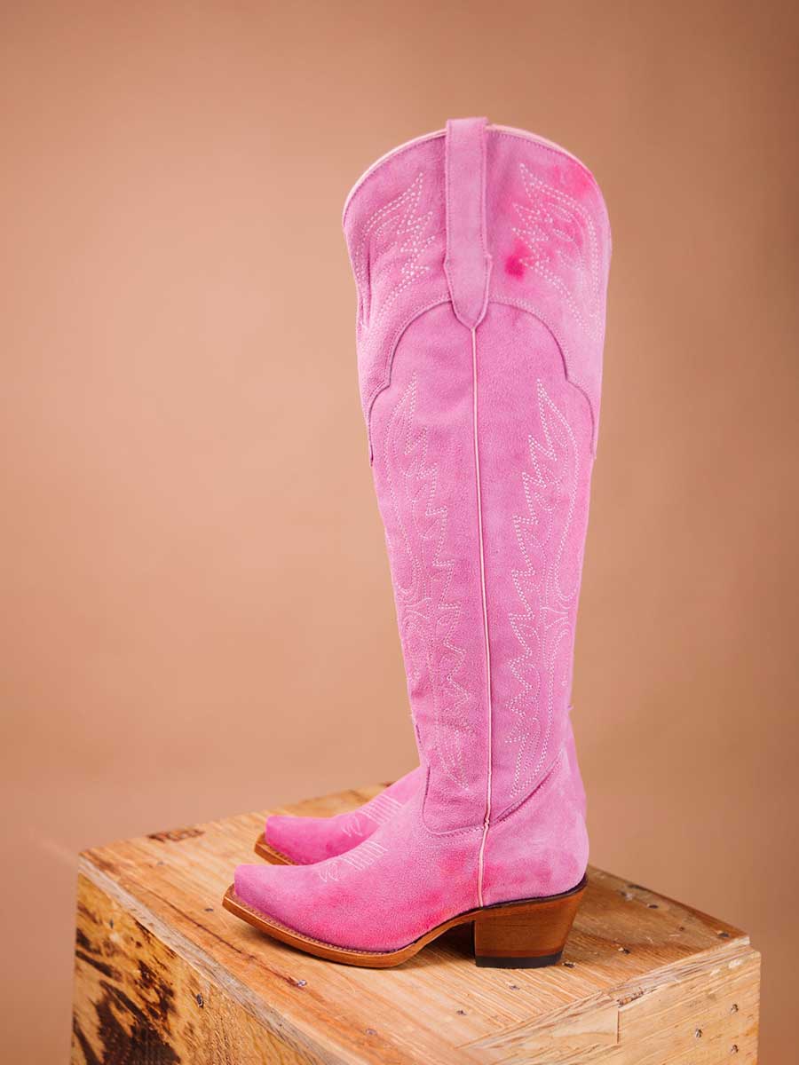 Pink Faux Suede Snip Toe Partial-Zip Embroidered Over-the-knee Cowgirl Boots 