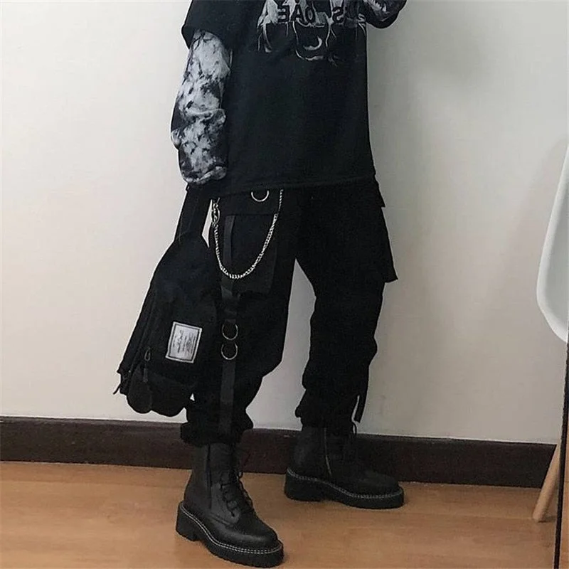 Black Harajuku Pants Streetwear Women Casual Harem Pants With Chain Solid Rock Fashion High Street Hip Hop Long Trousers Capris