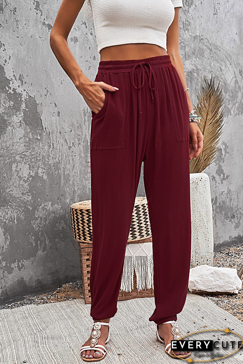 Wine Red Drawstring Elastic Waist Joggers with Pockets