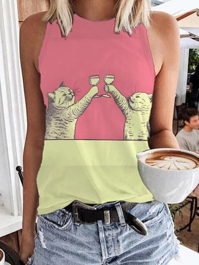 Women's Chilling Cats Cheers Art Print Casual Tank Top