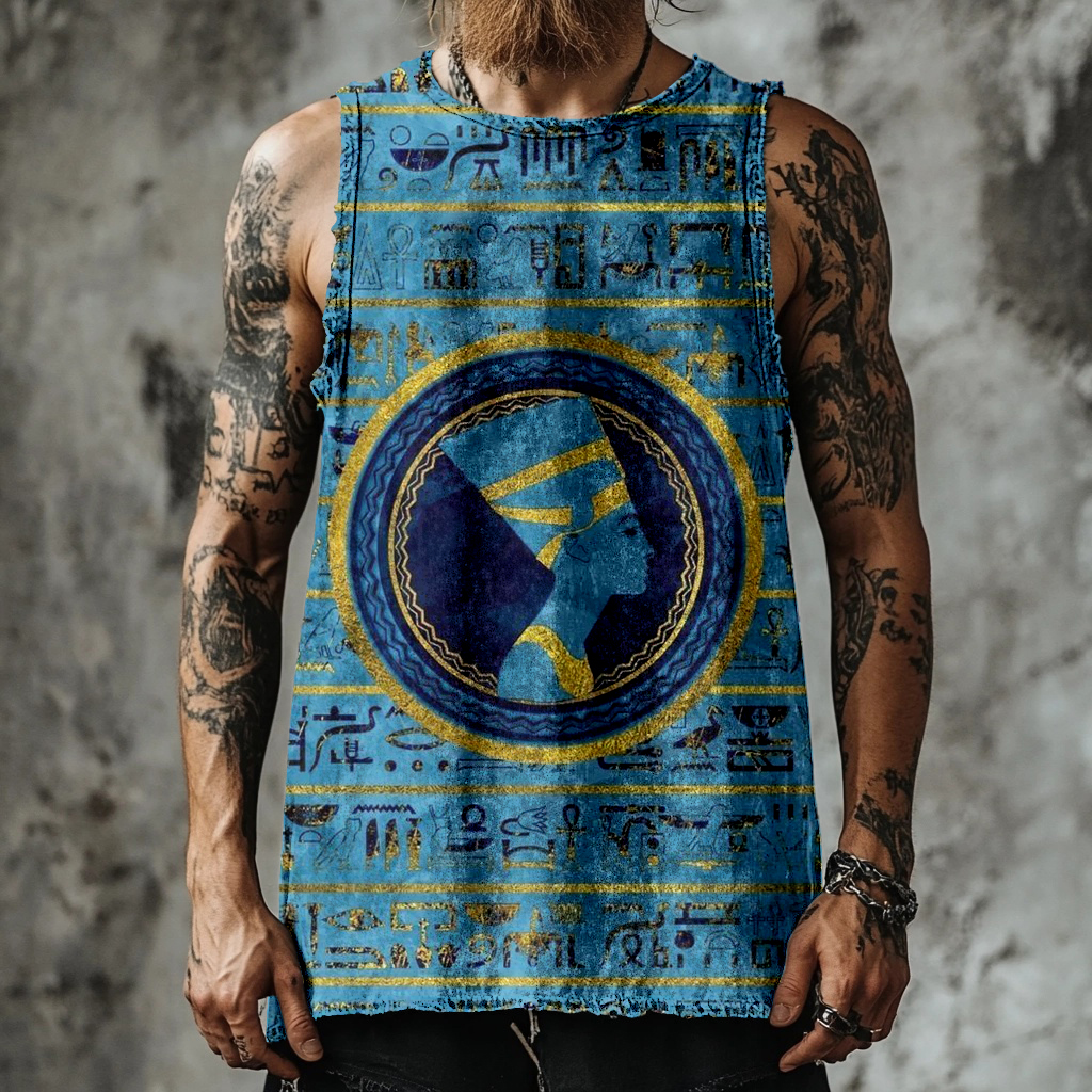 Comstylish Men's Ancient Egyptian Inspired Pattern Washed Tank Top