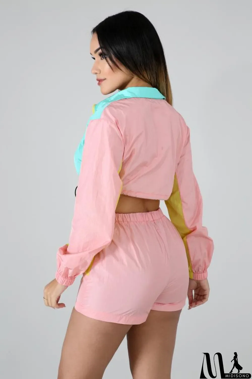 MidiSono - purple Polyester Casual Fashion Zippered crop top Patchwork Regular Two-Piece Short Set