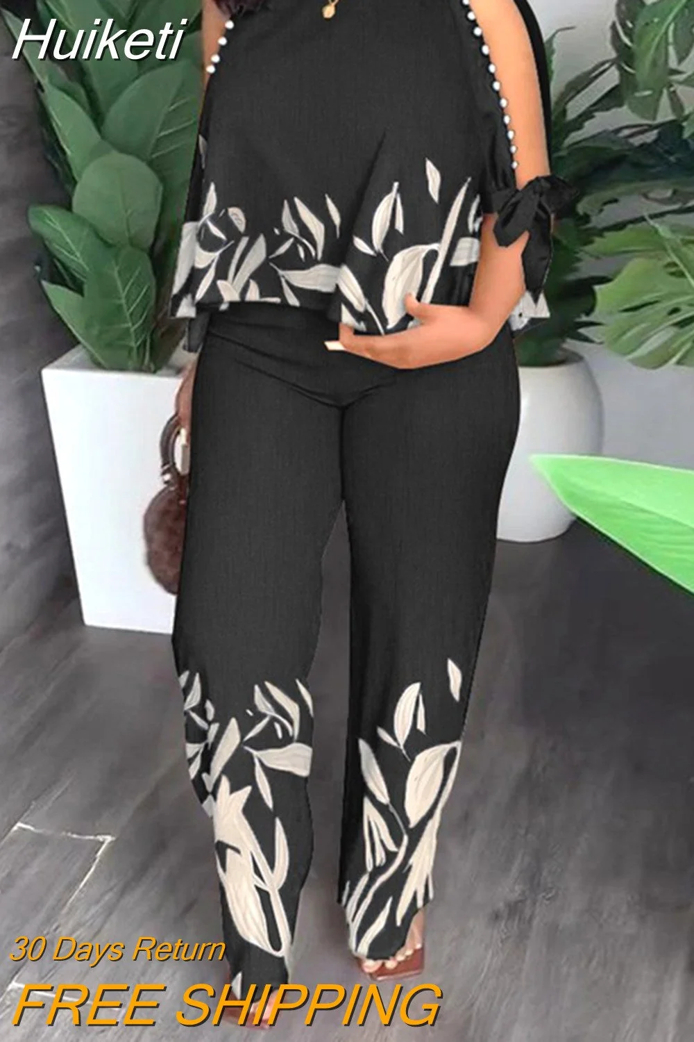 Huiketi Women Plants Print Split Sleeve Top & Straight Leg Pants Set Casual All Over O-Neck Two Piece Skinny Outfits Streetwear