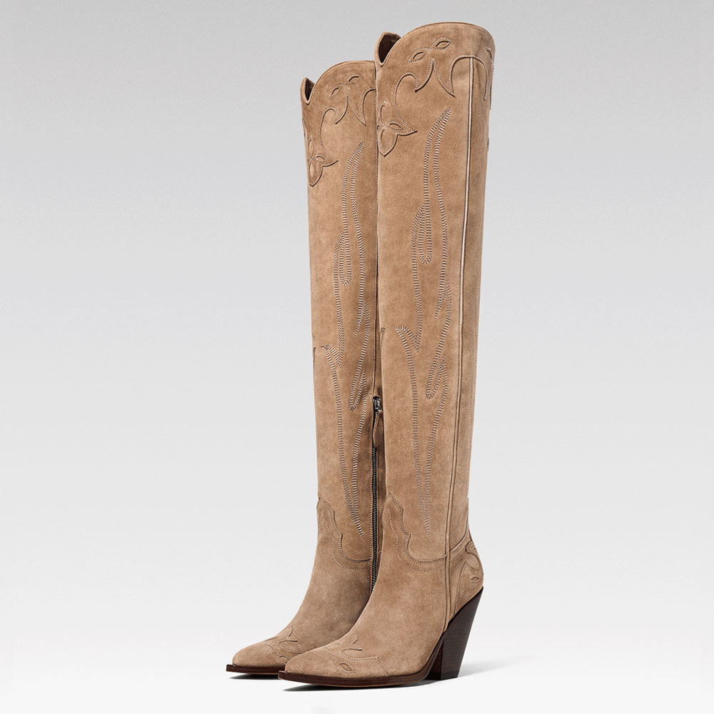 Khaki Vegan Suede Pointy Toe Embroidered Thigh-High Cowgirl Boots