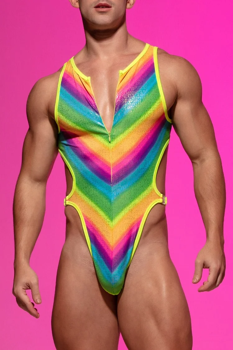Rainbow Stripe Print Cut Out Stretchy Bodysuit 