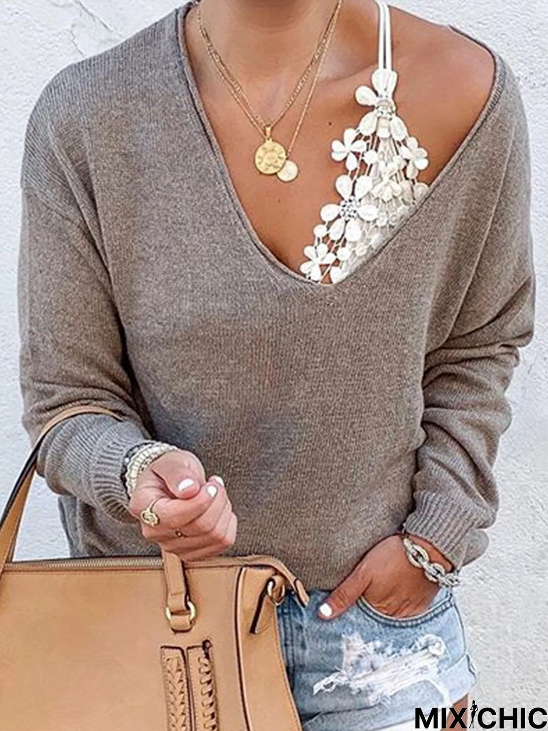 Plus Size Casual Solid V Neck Long Sleeve Tops