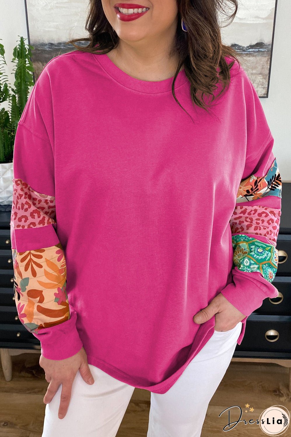 Rose Red Plus Size Printed Patchwork Sleeve Split Sweatshirt