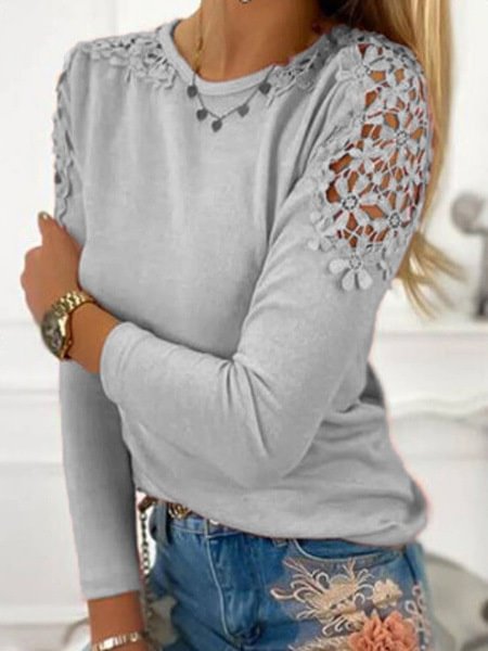 Women's T-shirt New Fashion Women's Lace Sleeve Round Neck XS-5XL Plus Size Casual T-shirt Loose Soft Solid Color Top - Life is Beautiful for You - SheChoic