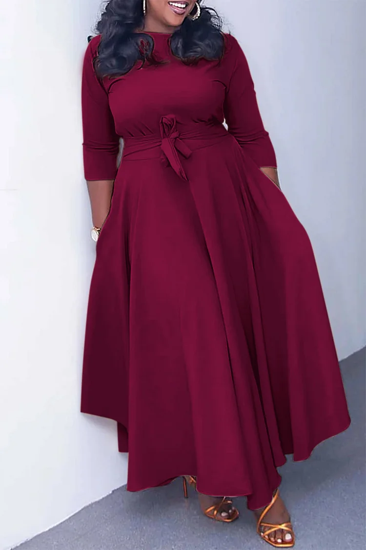 Plus Size Burgundy Casual Round Neck With Pocket Wrap Maxi Dress