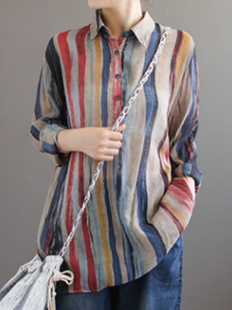 Vintage Flower Stripe Print Lapel Long Sleeve Button Women Blouse P1857563