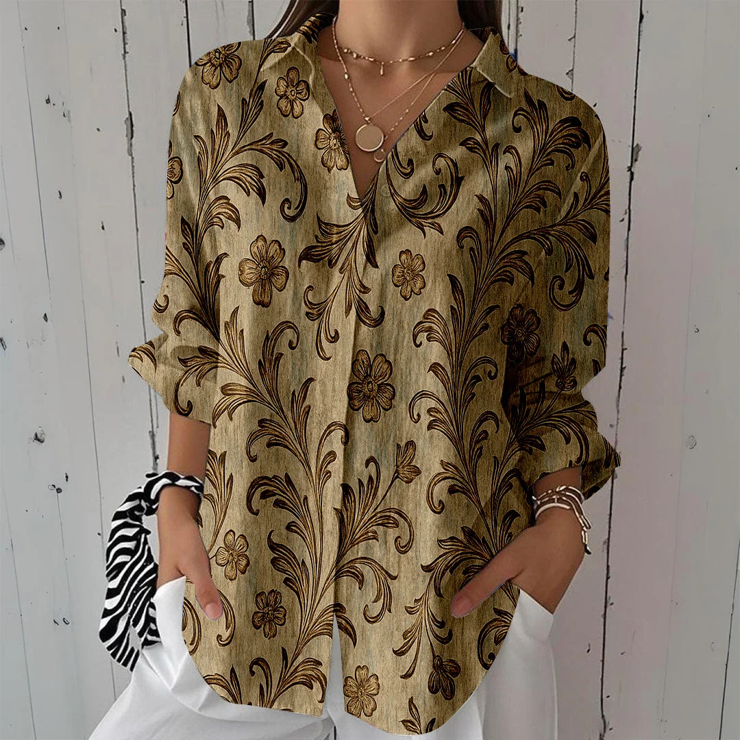 Style & Comfort for Mature Women Women Floral,Khaki DZCL0321 3/4 Sleeve Shirt Collar Printed Button Tops