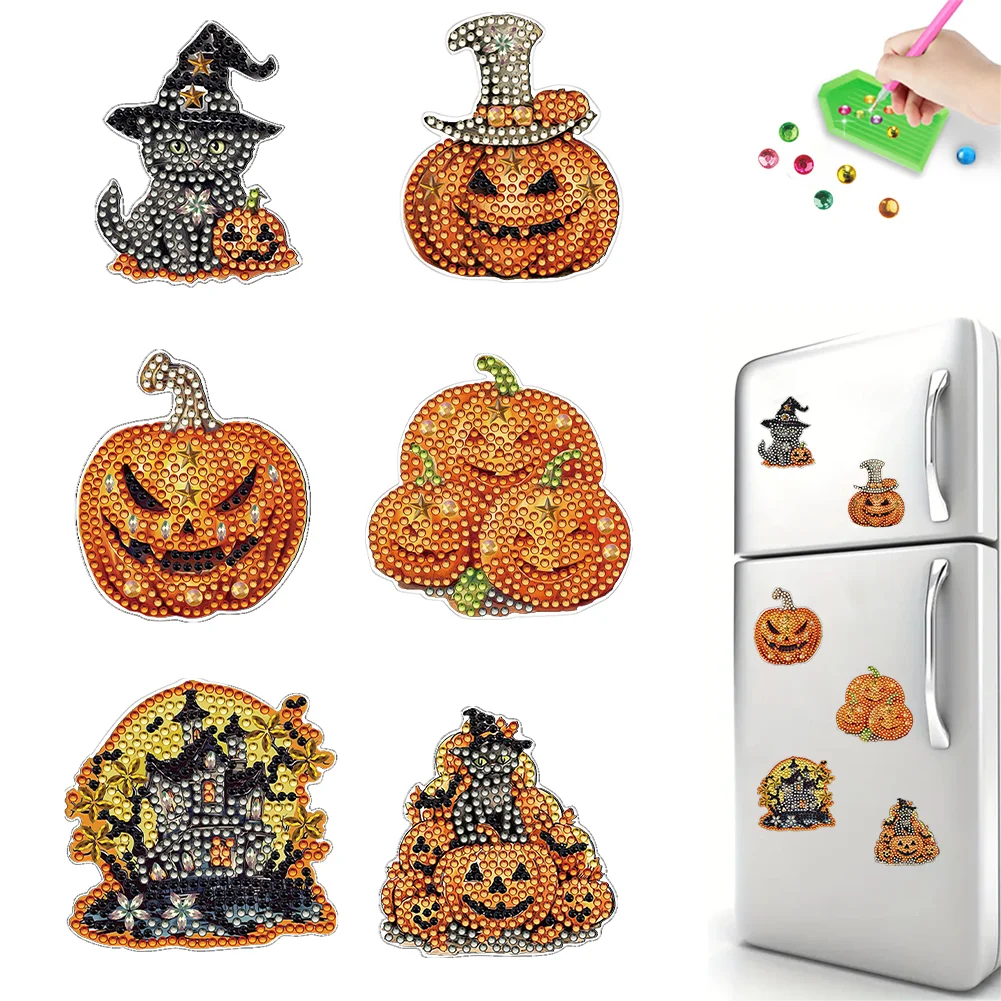 6Pcs Halloween Pumpkin Acrylic Special Shape Diamond Painting Fridge Magnet