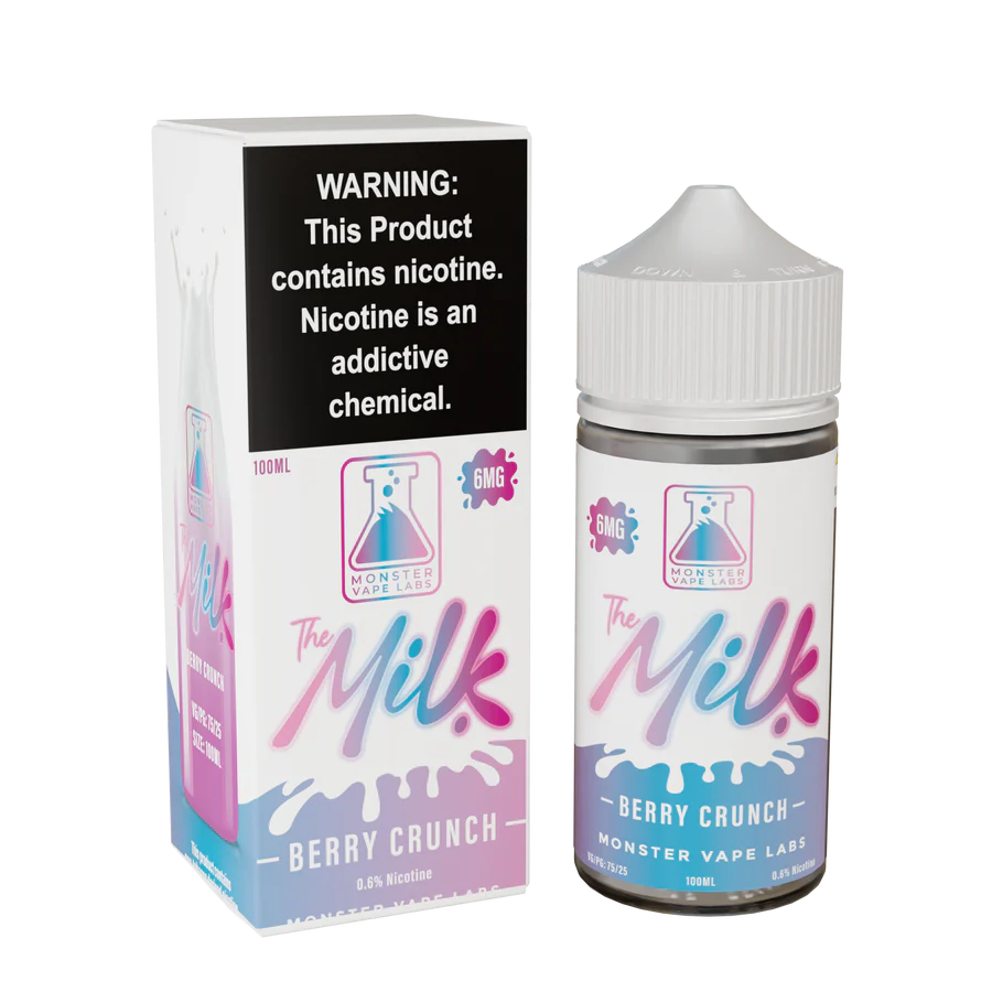 The Milk Berry Crunch 100ML E-Liquid bottle and box by Monster Vape Labs.